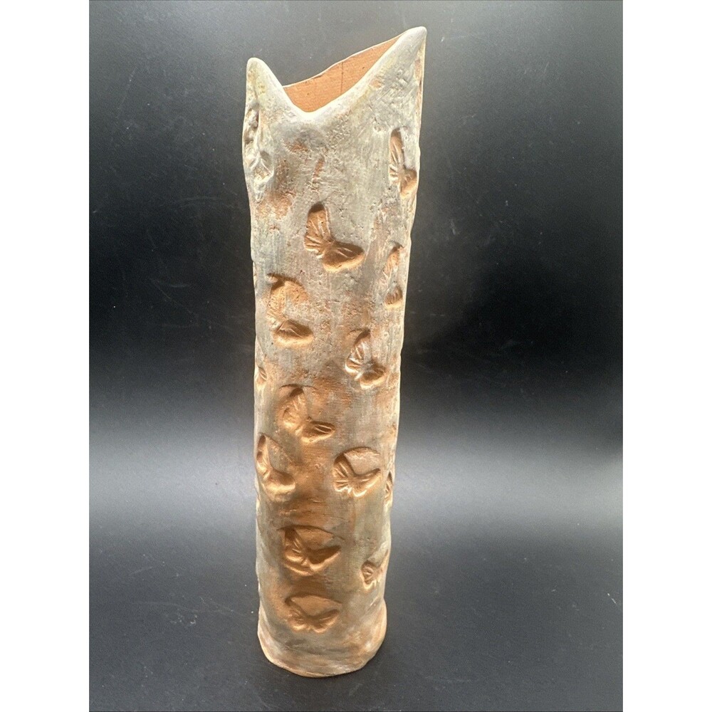 Handmade Pottery Butterfly Stamped Vase Signed 9” Tall